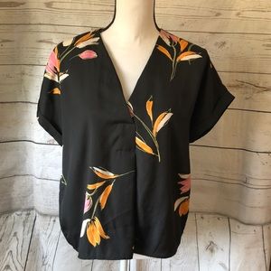 Silky black floral v-neck blouse